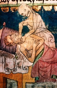 La mort étranglant une victime de la peste - Miniature extraite du codex Stini, Bohême