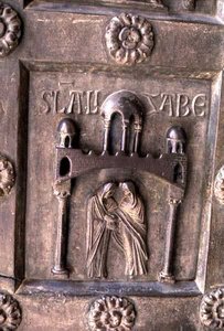 Panneau représentant la Visitation sur la Porta di S. Ranieri