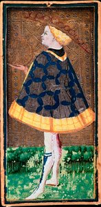 Carte du valet de denier. Carte du jeu de Tarot réalisée par Bonifacio Bembo (1420-1482) pour Filippo Maria Visconti, vers 1440. Bergame. Galleria dell