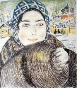 Femme de marchand avec un foulard à carreaux - Boris Mikhailovich Kustodiev