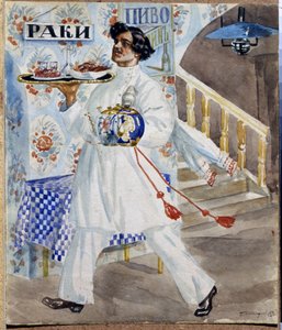 Un serveur russe dans une taverne de Moscou transportant un plateau de nourriture et des théières