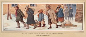 Travailleurs soviétiques quittant le bureau avec leurs rations alimentaires, tiré de Histoire des Soviets, pub. 1922 - Boris Vasilievich Zvorykin