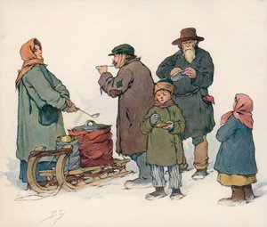 Femme vendant de la soupe chaude dans la rue en Russie soviétique - Boris Vasilievich Zvorykin