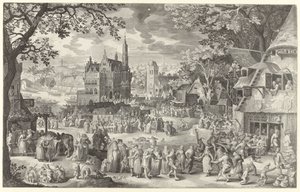 Fête paysanne devant la balance sur la place du village