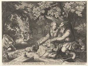 La Mort et Cupidon tirent leurs flèches et un vieil homme courtise une jeune femme