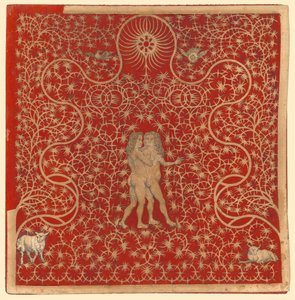 Adam et Ève dans le jardin avec deux moutons et deux colombes