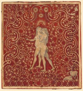 Adam et Ève dans le jardin avec un couple de moutons et un couple de colombes