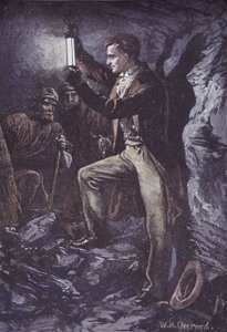Humphry Davy avec la lampe de sûreté Davy pour les mineurs, inventée en 1815 (gravure sur bois coloriée à la main)