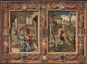 Janvier et février : « Un couple près du feu et un bûcheron » Tapisserie des manufactures de Mortlake. XVIIe siècle. Gênes, Musei di Strada Nuova