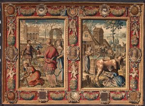 Mars et avril : travaux agricoles et traite des vaches Tapisserie des manufactures de Mortlake. 17ème siècle Gênes, Musei di Strada Nuova