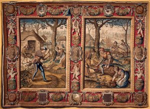 Novembre et décembre : travaux agricoles et abattage de porcs. Tapisserie des manufactures de Mortlake. 17ème siècle, Gênes, Musei di Strada Nuova - British School