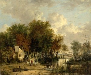 Scène de rivière, garçon conduisant des moutons - British School