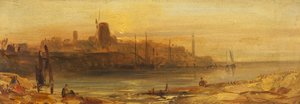 Coucher de soleil : Port maritime et phare, vers 1825