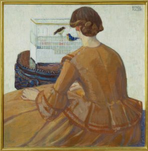 Jeune femme devant une cage à oiseaux - Bronica Koller Pinell