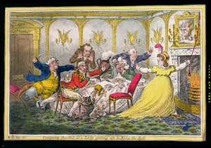 Compagnie choquée par une dame se levant pour sonner la cloche, gravé par James Gillray, publié par Hannah Humphrey en 1804