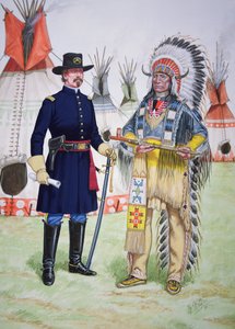 Le chef Red Cloud des Sioux Oglala offre le calumet de la paix à un officier du 5e régiment de cavalerie américain lors de la signature du traité de Fort Laramie en 1868, tiré d