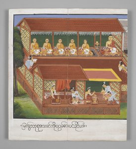 Or. 13534, f.18, Moines avec des bols, Scènes de la vie de Bouddha