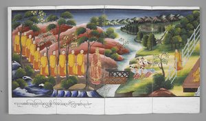 Or. 13534, f.23 Moines traversant une rivière, Scènes de la vie de Bouddha - Burmese School
