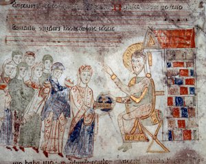 Art byzantin : "Les représentants des différents empires rendent hommage au Christ avec des offrandes" Miniature de "Exultet" du début du XIe siècle Museo Diocesano, Gaeta