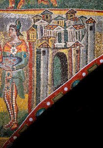 Art chrétien : « Adoration des Mages ». Détail du paysage. Mosaïque du Ve siècle. Arc triomphal, Basilique de Sainte-Marie-Majeure, Rome.