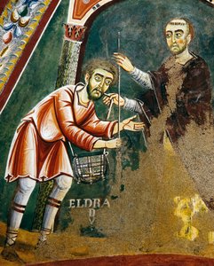 Saint Eldrad partant pour Saint-Jacques-de-Compostelle, détail des Histoires de la vie de Saint Eldrad, fresque romane, style byzantin, fin XIe siècle, Chapelle de Saint Eldrad et Saint Nicolas, Abbaye de Novalesa, Piémont, Italie - Byzantine