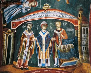 Saint Nicolas consacré évêque de Myre, détail des Histoires de Saint Nicolas, fresque romane, style byzantin, fin du XIe siècle, Chapelle de Saint Eldrad et Saint Nicolas, Abbaye de Novalesa, Piémont, Italie