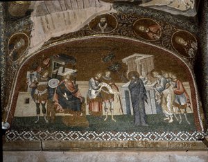 Le recensement, Marie et Joseph devant Hérode le Grand (Mosaïque de 1310-1320)