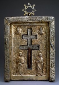 Staurothèque en argent doré, reliquaire de croix, byzantin, 12ème siècle