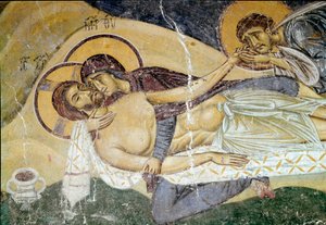 Art byzantin : « Lamentation sur la mort du Christ » Fresque du peintre du 12ème siècle. Détail. Nerezi, Saint-Pantaleimon, Macédoine