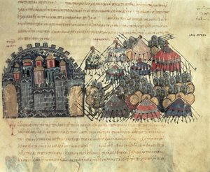Les Byzantins assiégeant Messine, du Skylitzes de Madrid - Byzantine School