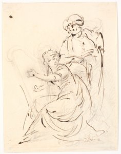 Dame jouant de la harpe. Derrière elle, un homme avec un turban
