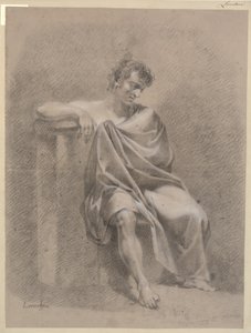 Modèle assis en drapé. Assis sur un socle bas et reposant le bras droit sur un socle haut - C.A. Lorentzen