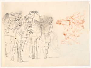 Deux esquisses. À gauche, une esquisse au crayon avec des chevaux et deux hommes. À droite, une esquisse à la sanguine avec un groupe de figures