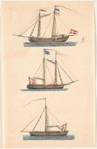 Trois navires de guerre avec drapeaux danois. À rames