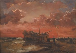 Épave sur la côte ouest du Jutland au coucher du soleil - C.F. Sørensen