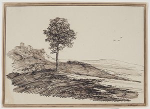 Paysage de montagne avec arbres, maisons en arrière-plan