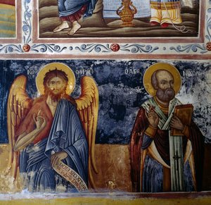 Archange et saint, voûte fresquée du monastère Mikro Sotiris, île de Symi, Grèce