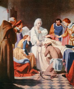 Christophe Colomb sur son lit de mort, tenant les chaînes dans lesquelles il est revenu de son troisième voyage - J.B. and Brown J. Rowbotham
