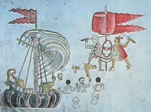 Soldats espagnols de Hernan Cortes débarquant en 1519 pour combattre les Aztèques, copié du Codex Azcatitlan, vers 1550
