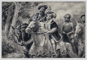 Le Lord Protecteur, le Duc de Somerset, conduit le jeune Roi Edouard VI à Windsor (gouache sur papier)