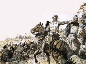 Scène de bataille non identifiée avec un soldat pointant le roi du doigt