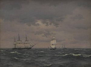 Une corvette réduisant ses voiles par vent frais et d
