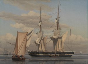 Une goélette navale américaine au mouillage pendant que ses voiles sèchent