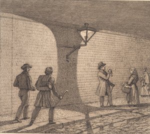 Scène de rue à la lumière des lanternes. Illustration pour "Linearperspectiven", Planche VIII