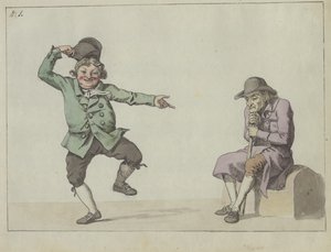 Feuille satirique; un homme saute et rit, en pointant du doigt un vieil homme assis