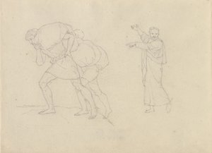 Étude de deux hommes, chargés de fardeaux montant une montagne