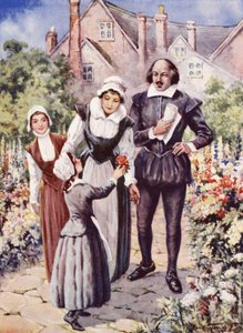 William Shakespeare, avec sa femme et ses deux filles, dans le jardin de New Place, Stratford-upon-Avon