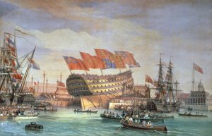 Le lancement du HMS "Trafalgar" à Chatham, juillet 1820