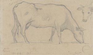 Vache broutant, tête de vache en haut à droite - Camille Corot