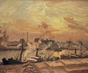 Déchargement de bois, quai de la Bourse, coucher de soleil